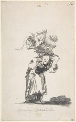 'Nightmare'; an old woman carrying figures on her back; page 20 from the Witches and Old Women  Album (D)